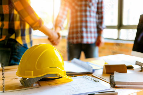Yellow safety helmet on workplace desk with construction worker team hands shaking greeting start up plan new project contract in office center at construction site, partnership and contractor concept