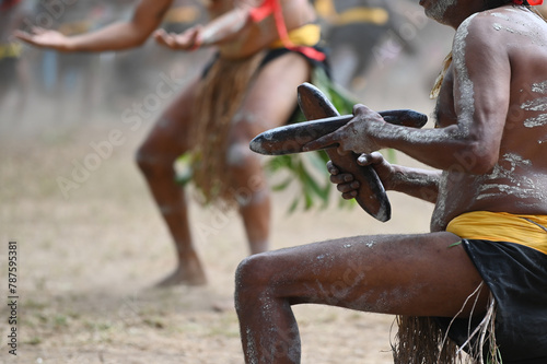 Indigenous Australians men on ceremonial dance in Laura Quinkan Dance Festival Cape York Australia photo