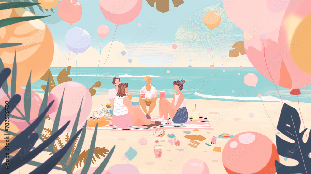 Colorful beach party with friends and balloons, perfect for social media posts and summer event promotions - obrazy, fototapety, plakaty 