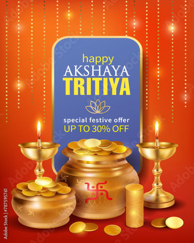 Promotion banner with gold pots, diyas (oil lamps) and coins for Indian festival Akshya Tritiya. Vector illustration. © aminaaster
