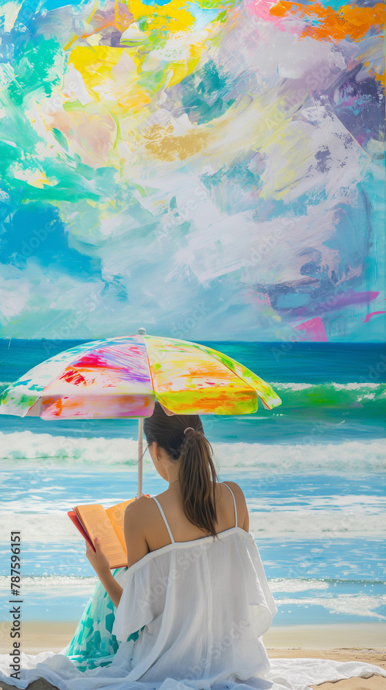 Colorful beachside tranquility, a young lady enjoys a book in a vibrant setting, great for creative advertising and travel inspiration