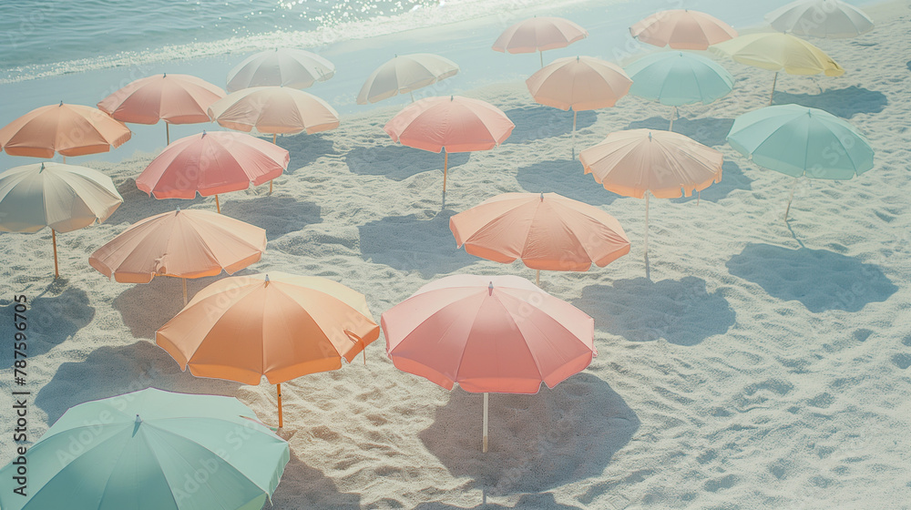 Aerial view of multicolored beach umbrellas on sunny seaside for travel and leisure background. Perfect for tourism promotions and summer ads