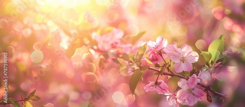 Artistic display of blossoming pink flowers along the border or background. Stunning depiction of nature showcasing a blooming tree under the radiant sun. © Vusal