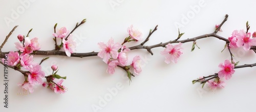 Spring sprigs with pink flowers, devoid of leaves, blossoming almond branch set against a white backdrop.