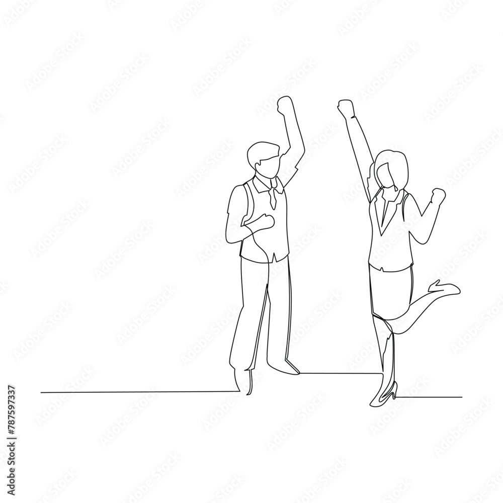 Simple continuous line drawing vector illustration successful businessman and businesswoman cheering up. Effective communication in business concept. Simple continuous line drawing vector illustration successful businessman and businesswoman cheering up. Effective communication in business concept.