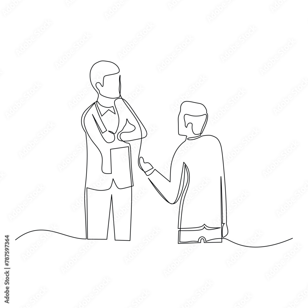 Businessmen having conversation. Effective communication in business concept. Simple continuous line drawing vector illustration