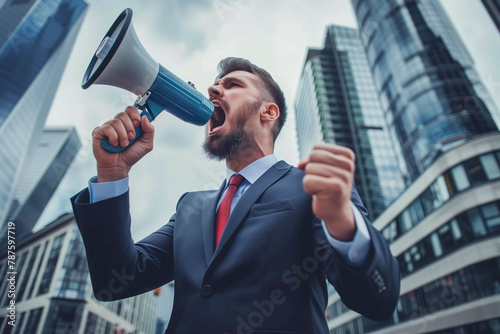 Businessman Shouting Through Megaphone in Urban Setting © Centric 