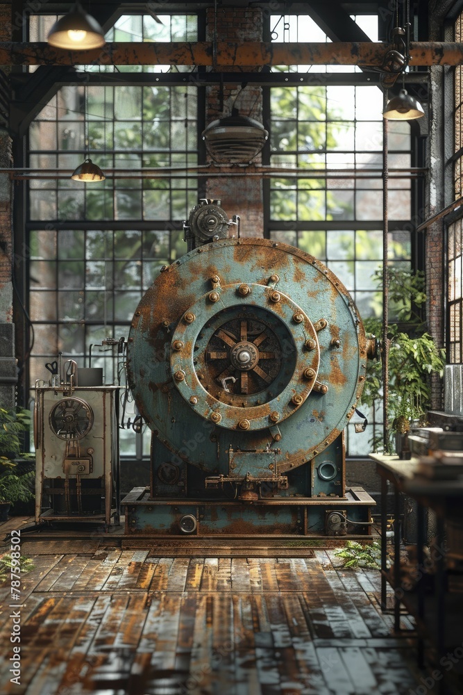 Art installation in an old factory, modern sculptures among rusty machinery, contrast between past and present