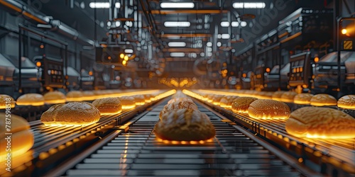 Automated bakery line producing bread at night, rows of dough glowing under infrared lamps.