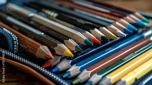 A pencil case filled with a variety of mechanical pencils.