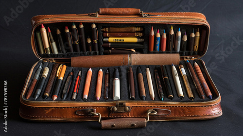 A pencil case filled with a variety of writing instruments. photo