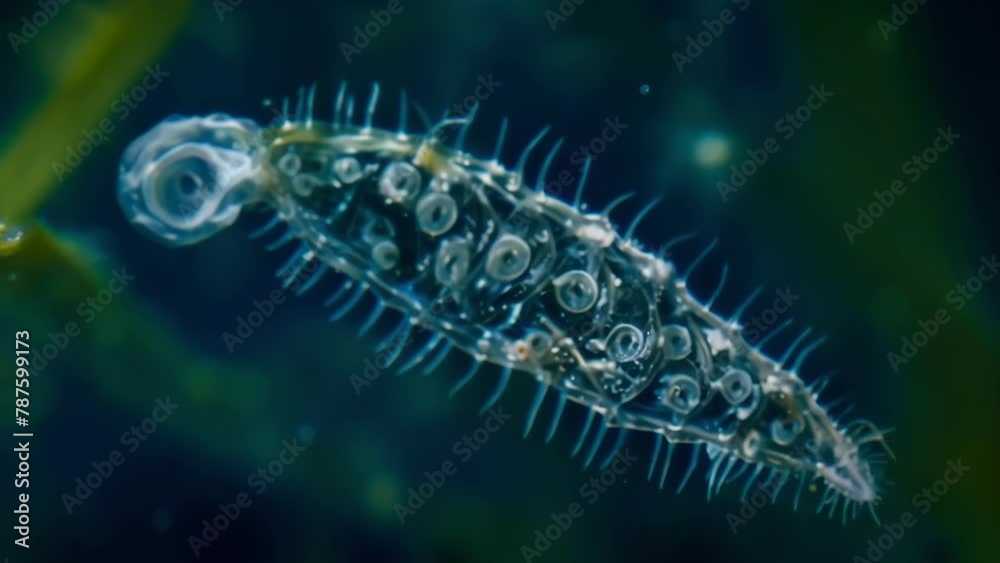 A micrograph of a microscopic rotifer or wheel animalcule found in a freshwater pond showcasing its rotating cilia and unique body . AI generation. A micrograph of a microscopic rotifer or wheel animalcule found in a freshwater pond showcasing its rotating cilia and unique body . AI generation.