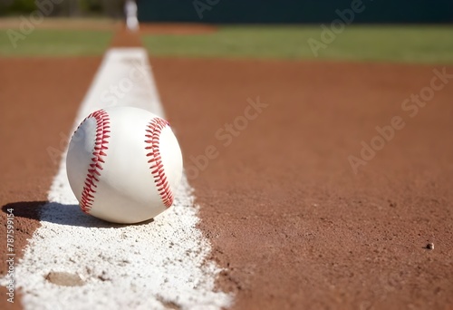 A close-up of a white baseball with red stitching on a brown dirt surface with a white chalk baseline