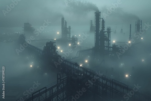 An enigmatic mist shrouds the industrial park, concealing structures, evoking a mysterious and eerie ambiance.