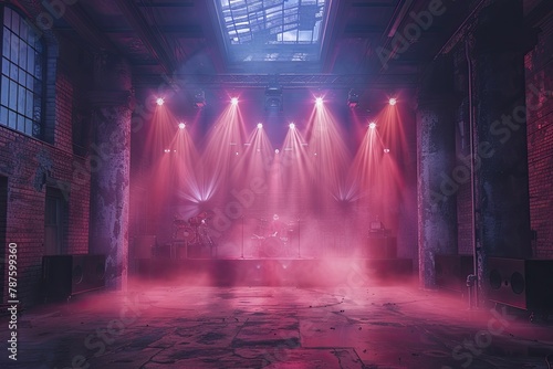 Festival setup in an industrial ruin, stages and lights transforming the space into a vibrant music venue.