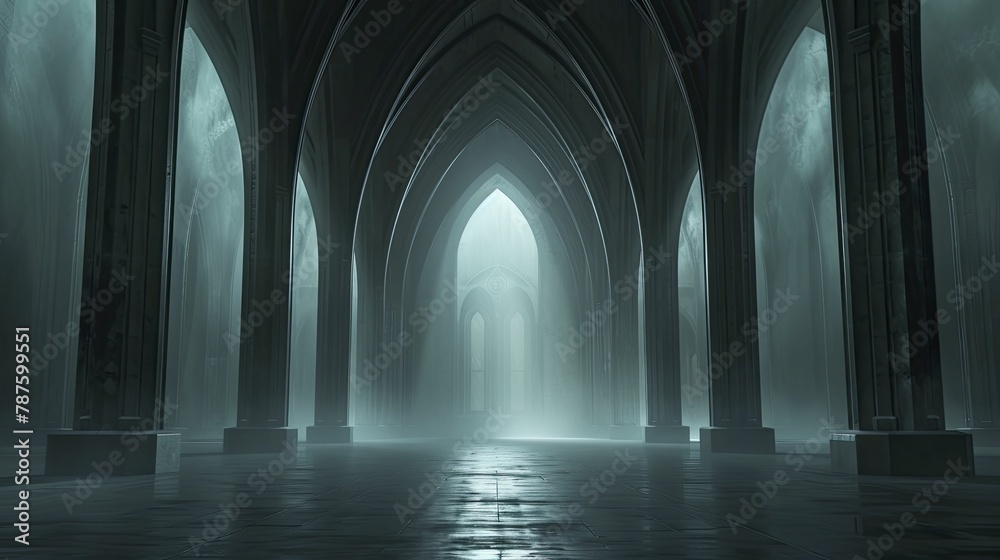 The factory exuded a haunting ambiance, blending Gothic architecture elements with eerie shadow play and pointed arches.