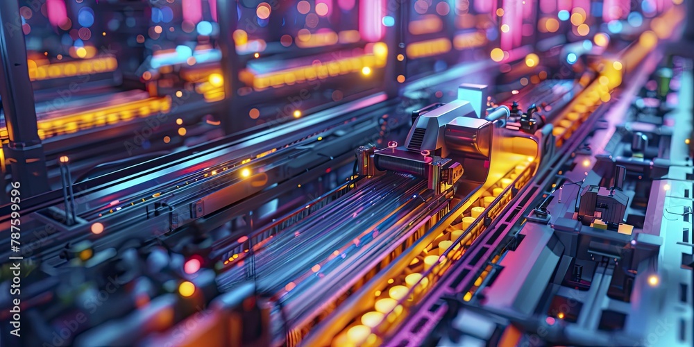 High angle view of a bustling factory floor, workers in motion blur amidst vibrant assembly line colors. High angle view of a bustling factory floor, workers in motion blur amidst vibrant assembly line colors.