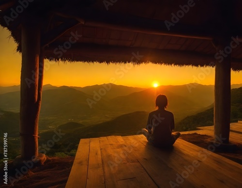 Person sitting on a wooden floor under a thatched roof structure watching the sunset over a mountainous landscape