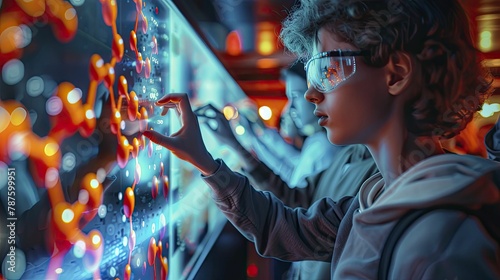 Visitors engage with molecular structures through interactive touch screens in the nano tech center's digital display.