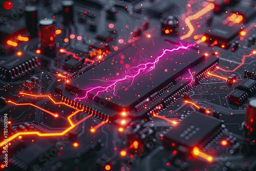 Macro shot of a nano circuit board, electric currents visible as tiny lightning strikes, high detail focus.