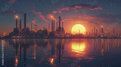 Moonlit industrial landscape, factories under a starry sky, long exposure capturing the serene night activity.