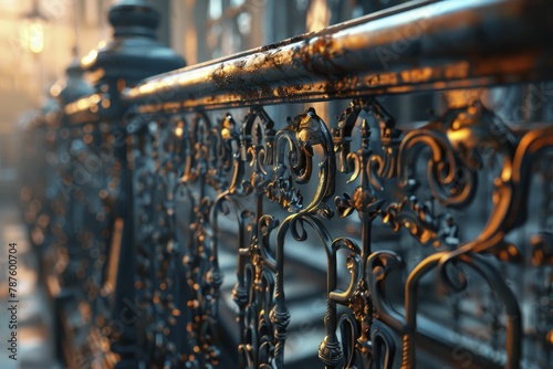 Ornate ironworks of an old factory, detailed craftsmanship highlighted with selective focus and soft background lighting. photo