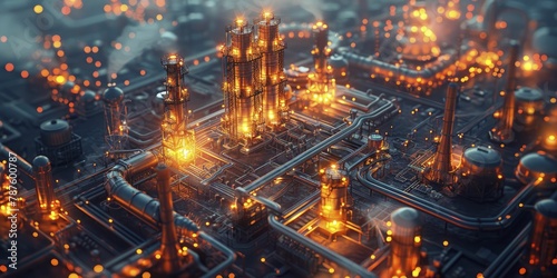 Capturing the industrial complex from above at night, the glowing zones reveal the vibrancy of its active sections. photo