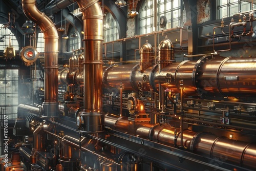 Exploring the mysterious depths of the steampunk factory, where brass pipes intertwine with Victorian gadgets under the amber glow. photo
