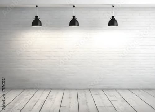 Interior with a white brick wall and wooden floor, two black pendant lamps hanging from the ceiling casting light on the wall