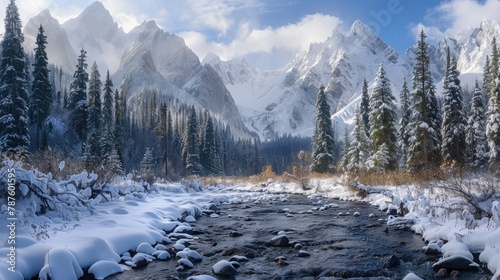 Snow covered mountain cedar forest in Altai landscape with a flowing stream of melting snow in the foreground