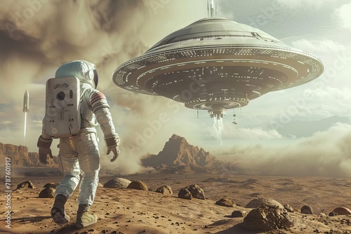 astronaut encountering alien civilization on distant exoplanet ultrarealistic illustration