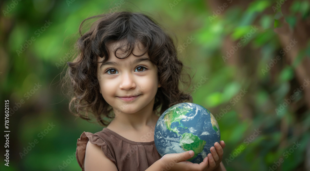 Joyful Young Girl Holding Earth, Hope for the Environment Concept Joyful Young Girl Holding Earth, Hope for the Environment Concept