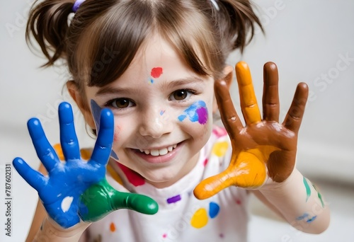 Caucasian girl around 5 years old with brown hair and painted hands smiling at the camera  plain background