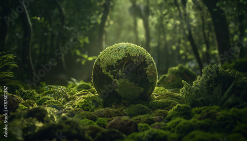 Enigmatic Earth Model Enveloped in Moss, Forest Backdrop with Copy Space