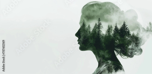 Contemplative Woman Merging with Misty Forest Landscape, Dreamy Double Exposure with Copy Space