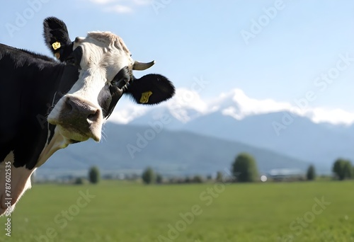 Close-up of a black and white cow's head in focus with a background of a green field and distant mountains photo
