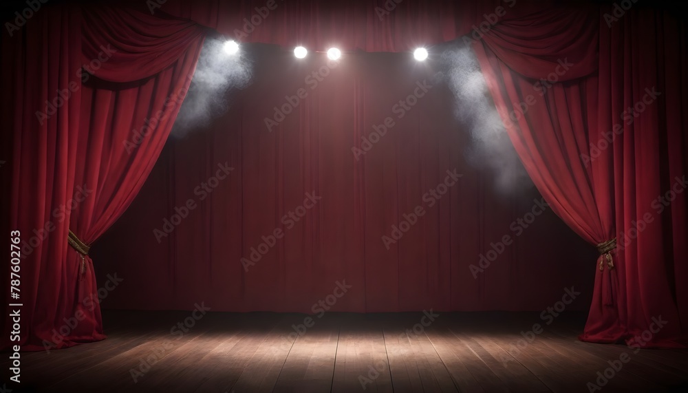 Red stage curtains with a spotlight on a wooden stage floor and theatrical smoke above - obrazy, fototapety, plakaty 