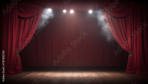 Red stage curtains with a spotlight on a wooden stage floor and theatrical smoke above photo