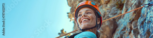 A person with a limb difference smiling while rock climbing with adaptive equipment