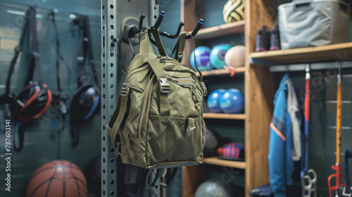 A school bag hanging from a hook in a gym locker room, surrounded by sports gear.