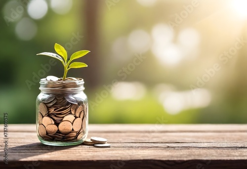 A glass jar filled with coins and a small plant growing from it, placed on a wooden surface with a blurred natural background and sunlight