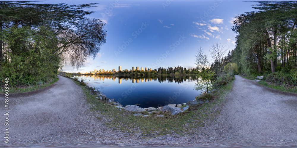 Fototapeta premium 360 Panorama of Lost Lagoon in Stanley Park, Downtown Vancouver, BC, Canada