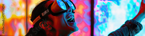 A person with a visual impairment laughing while experiencing a tactile art exhibit with descriptive audio photo