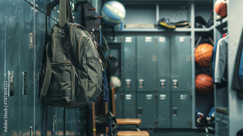 A school bag hanging from a hook in a gym locker room, surrounded by sports gear. photo
