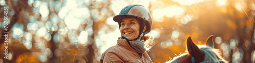 A person with autism smiling while engaging in a therapeutic horseback riding session photo