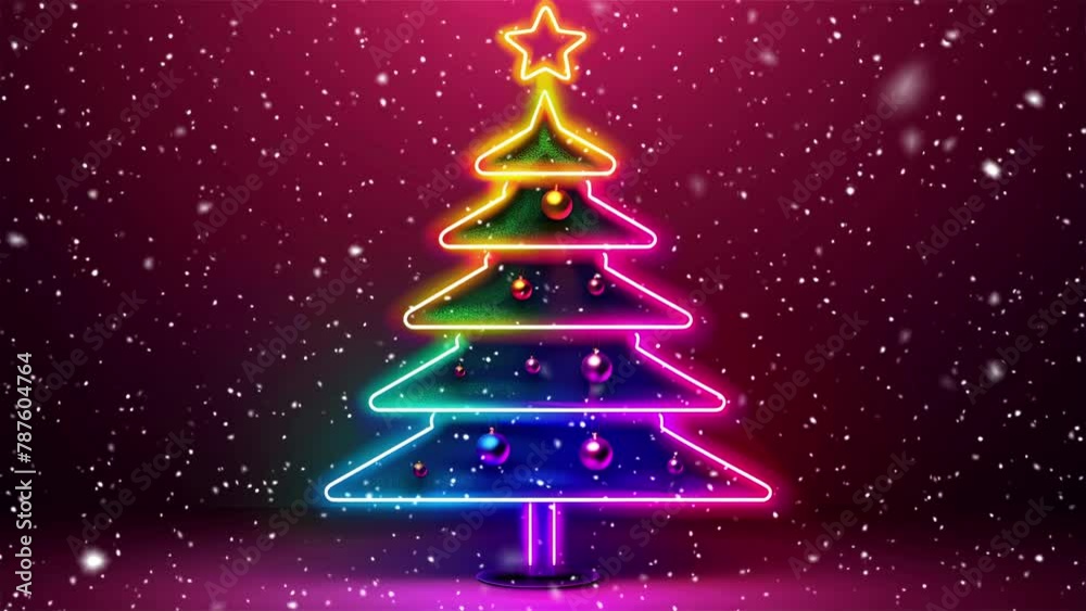 Christmas tree. Falling snowflakes. Falling snowflakes effect. Midnight snowfall. Christmas lights. Neon. Looped snow. Generative AI. Christmas tree. Falling snowflakes. Falling snowflakes effect. Midnight snowfall. Christmas lights. Neon. Looped snow. Generative AI.