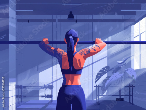 Illustration of a woman with tattoos working out in a gym facing away from the viewer.