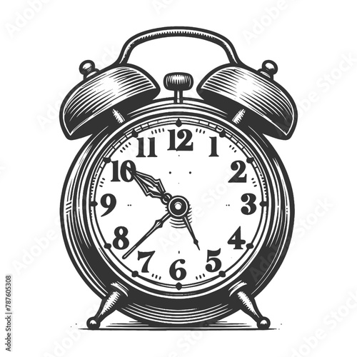vintage alarm clock with visible hands and hour marks representing concept of time in a classic style sketch engraving generative ai vector illustration. Scratch board imitation. Black and white image