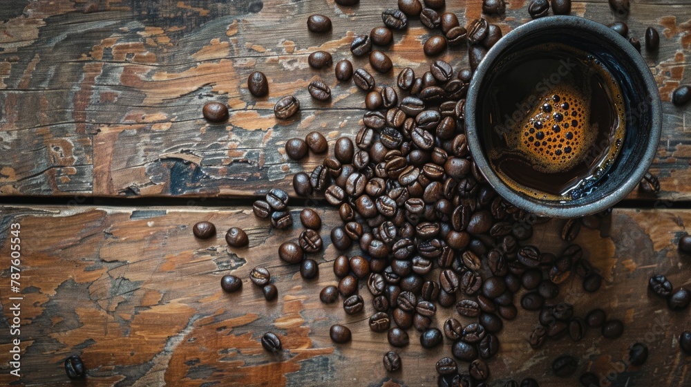 Coffee beans and a cup placed on a wooden surface