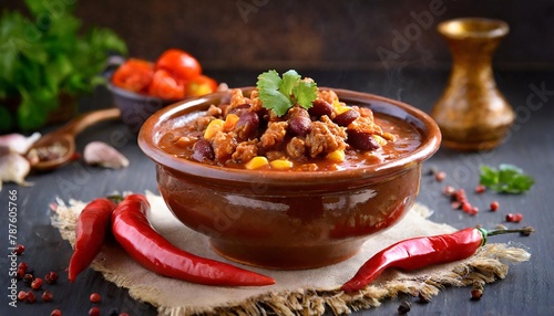 Fototapeta Naklejka Na Ścianę i Meble -  Traditional Mexican food, chile con carne with vegetables and mushrooms